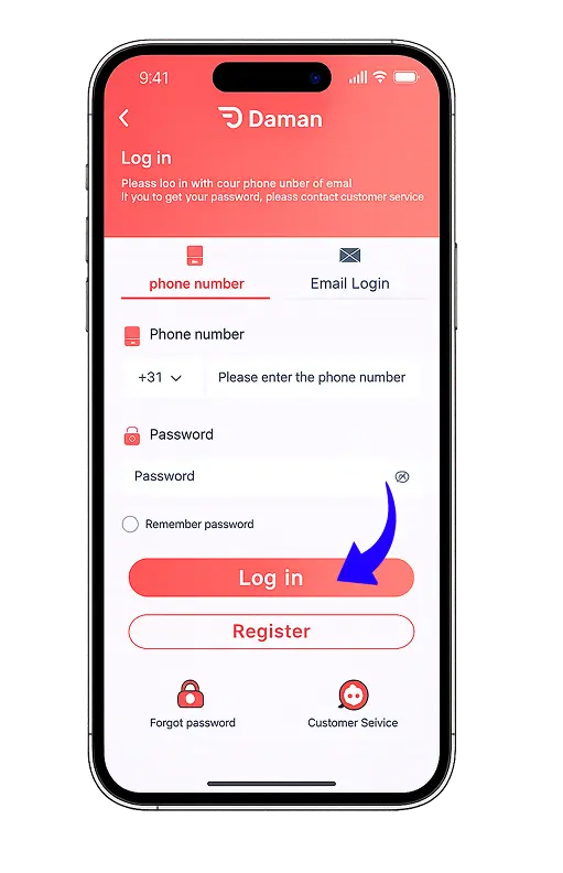 Daman Game Login screen on mobile