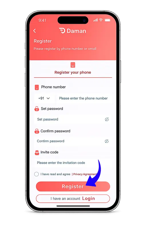Daman Game Register screen on mobile